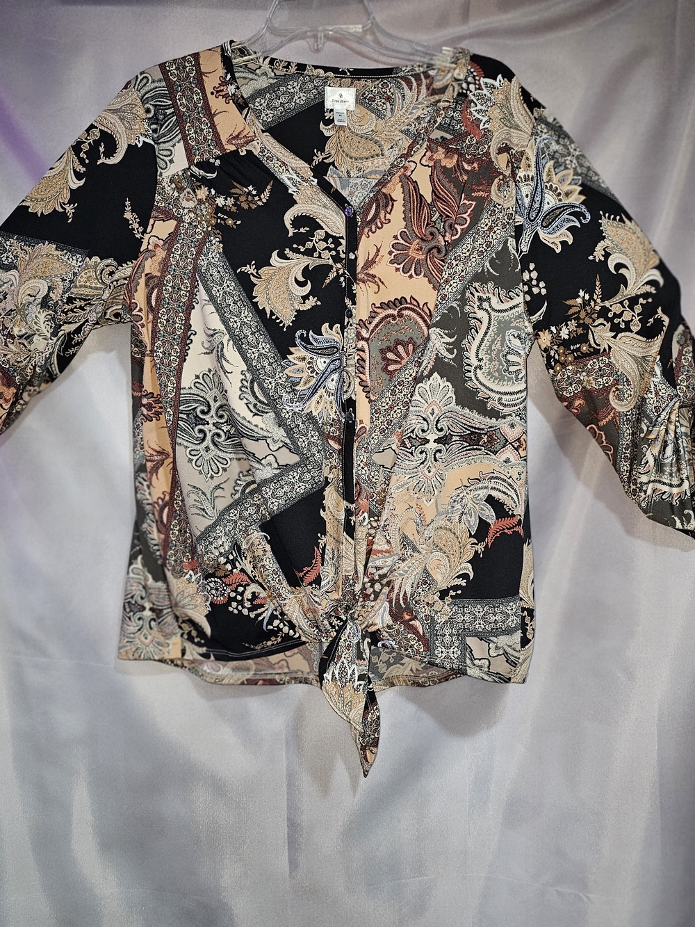 Dressbarn Paisley Button-Front Tie Hem Shirt in Black, Cream and Tan